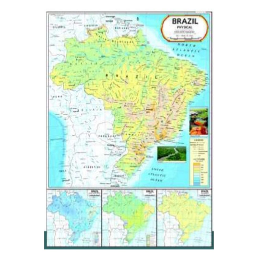 Brazil Physical Map - Detailed Topographic Elevation Map of Brazil for Educational & Wall Display - Durable Laminated Paper