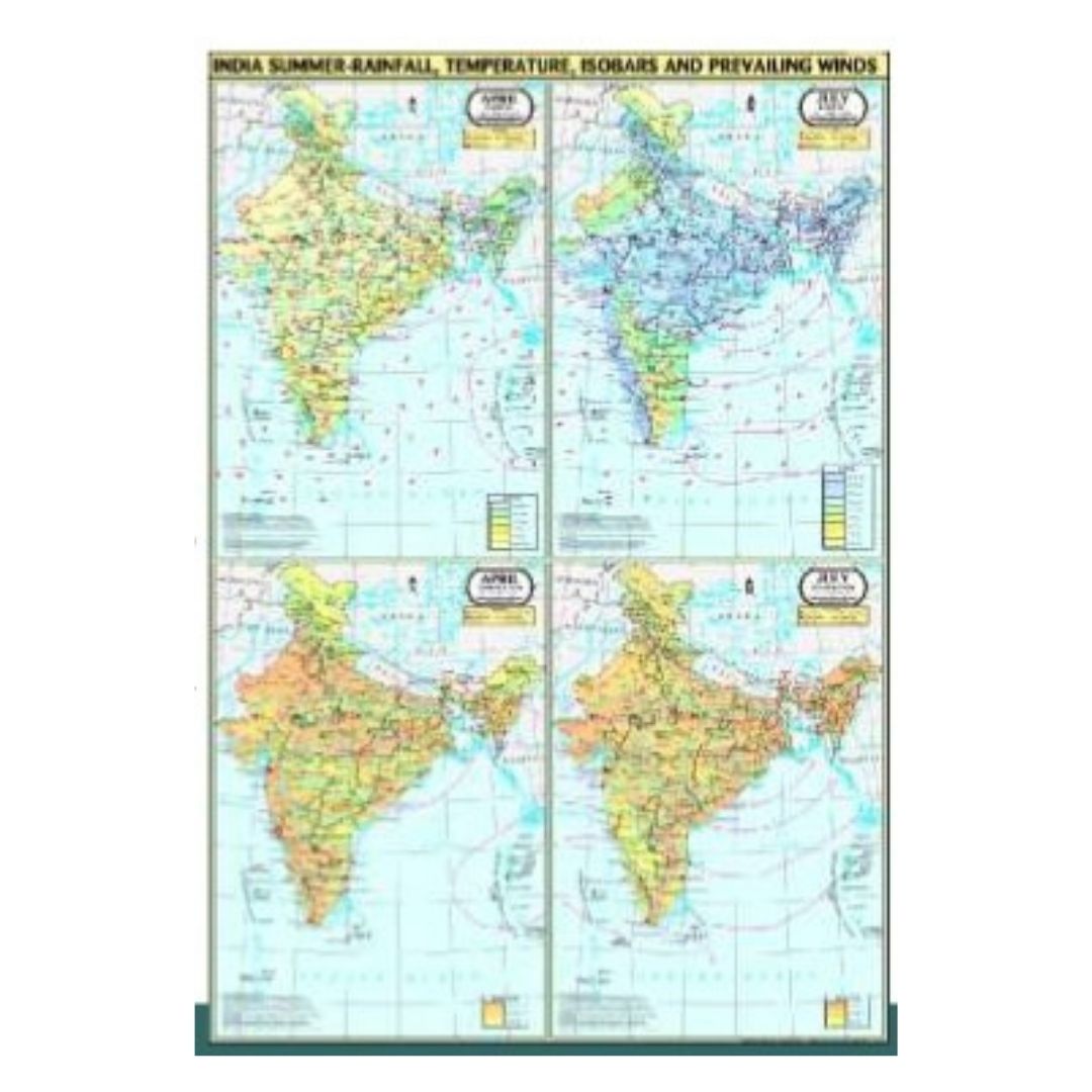 India Thematic Climate Map Set - Summer Rainfall, Temperature, Isobars & Prevailing Winds - Educational Geography Wall Chart - Laminated Paper