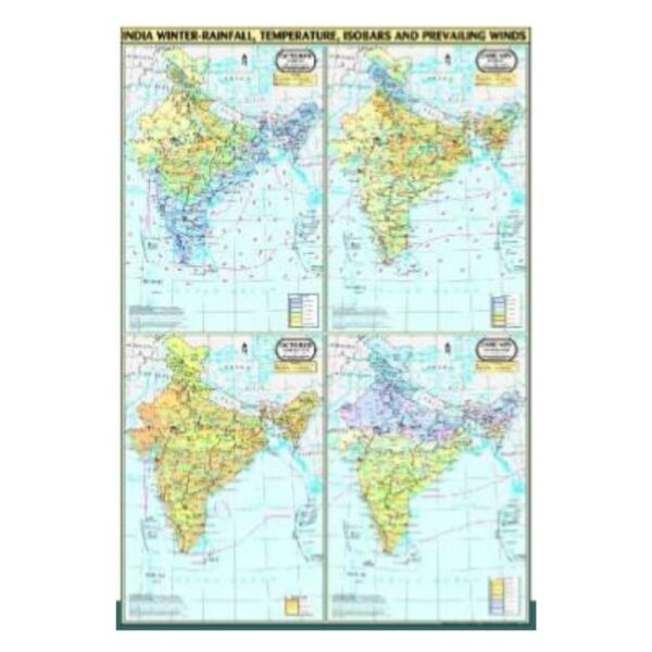 India Thematic Maps_ Winter Rainfall, Temperature, Isobars & Winds Educational Geography Chart - Laminated Paper
