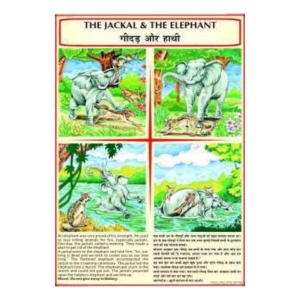 Panchatantra Moral Story Poster The Jackal and The Elephant – Kids Character Building Educational Wall Chart – Laminated Gloss Finish