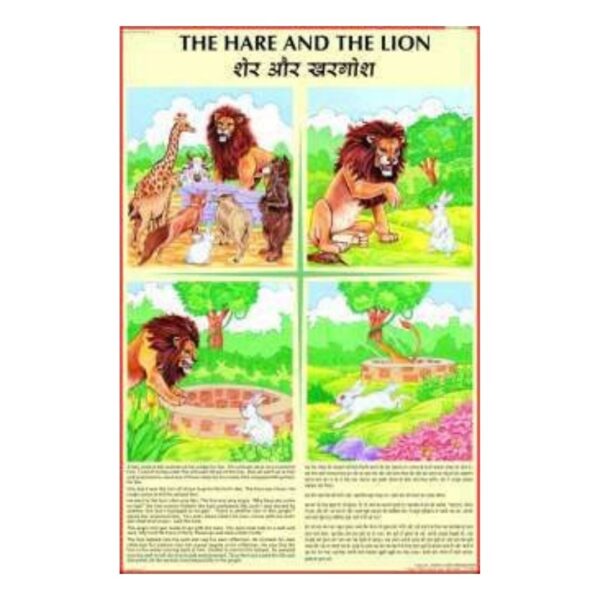 The Lion and the Hare Aesop Fable Educational Poster for Kids – Nursery & Kindergarten Early Reading Story Chart – Durable Laminated Gloss Finish