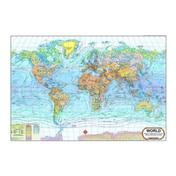 World Thematic Maps Poster - Summer Temperature, Pressure, Winds & Ocean Currents - Laminated Geography & Climatology Educational Wall Chart for Classrooms & Students